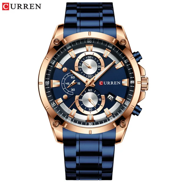 Мужские часы CURREN топ бренд класса люкс Спортивные кварцевые мужские часы полный стальной водонепроницаемый хронограф наручные часы мужские Relogio Masculino - Цвет: rose blue