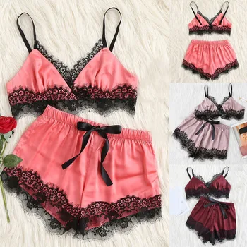 

Women Sexy Pyjamas Sleepwear Sleeveless Strap Nightwear Lace Trim Satin Top Pajama Sets Home pajamas night dress пижама женская