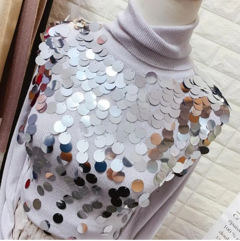 Водолазка SequinSweater Женская Осенняя зимняя одежда стрейч тонкий блесток пуловер свитер женский Высокий воротник вязаный Pull Femme