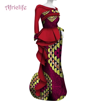 

WY4226 Bazin Riche African Women Clothing Sexy Patchwork Ruffle decoration Long Dresses Party Vestidos African Print Dresses