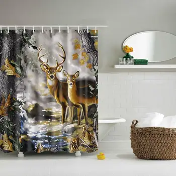 

Waterproof Thicken 3D Shower Curtain a Pair of Deers in the Jungle Forest Mildew Proof Bath Tub Curtain with 12 pcs Hooks