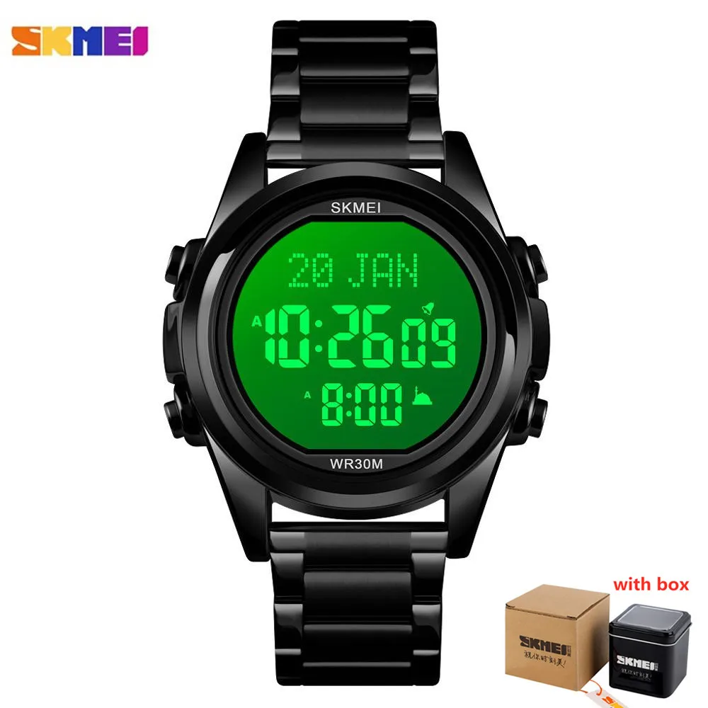 SKMEI Muslim Azan Clock Watch for Prayer with Qibla Compass Adhan Alarm Hijri Calendar Islamic Al Harameen Fajr Time Wristwatch 