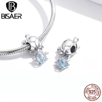 

BISAER Beads 925 Sterling Silver Little Sea Turtles Blue Enamel Charms Pendant Fit DIY Original Bracelet Necklace Jewelry HVC332