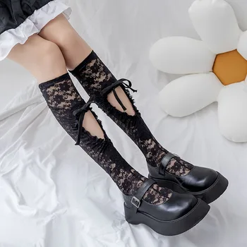 Ultra-thin Lace Women Stockings Long Socks Bowknot Bandage Thigh High Socks Hollow Out Japan Style Lolita Kawaii Cute Knee Socks 1