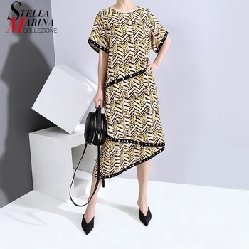 

New 2020 Summer Women Apparel Yellow Printed Long Dress Big Size Short-Sleeve Ladies Cute Straight Dress Style Robe Femme 6215