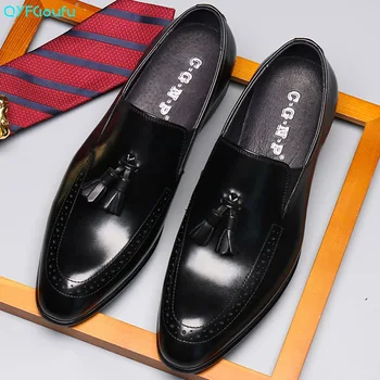 

QYFCIOUFU Fashion Men Dress Shoes Business Tassel Oxford Shoes Genuine Leather Pointed Toe Formal Slip-on Man Wedding Shoes