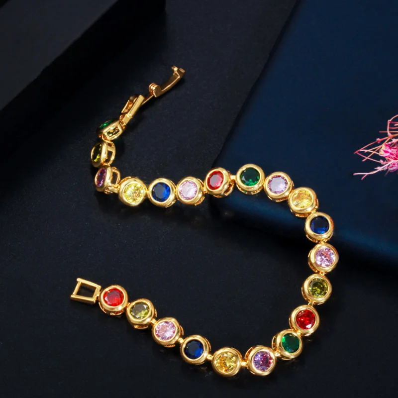Pera многоцветный красный фианит камень желтое золото круглый большой женский теннисная цепочка браслеты для ежедневного ювелирные изделия для вечеринки B155