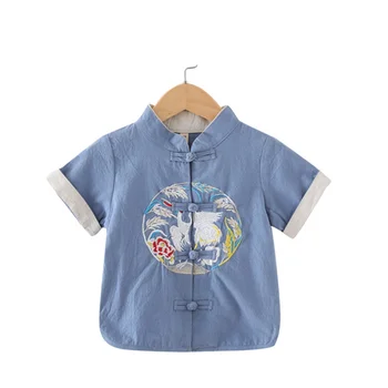 

Summer Retro Tang Suit Boys Girls T-shirt Chinese Style Embroidery Tops Children Cotton&Linen Clothing For 12M-14T Kids