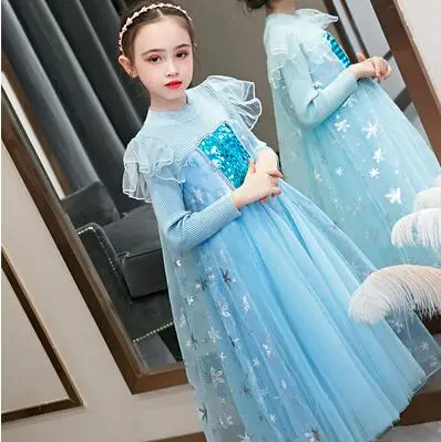 Платье принцессы Эльзы из мультфильма «Холодное сердце»; костюм королевы; сезон осень-зима; детское платье для костюмированной вечеринки - Цвет: Blue