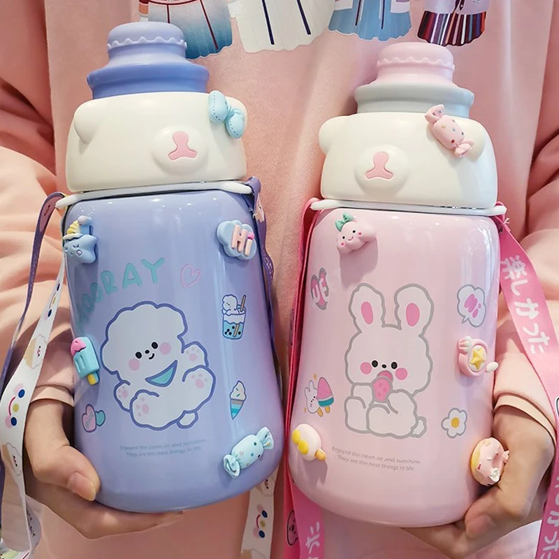 periódico pelo Precursor Termo Kawaii Jumbo con pajita para niños, botella con pegatina bonita, vaso  de agua inoxidable, vaso grande aislado para escuela|Termos y botellas al  vacío| - AliExpress