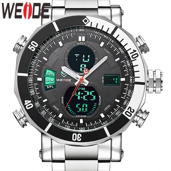 

WEIDE Mens Quartz Digital Sports Auto Date Back Light Alarm Repeater Multiple Time Zones Stainless Steel Band Clock Wrist Watch