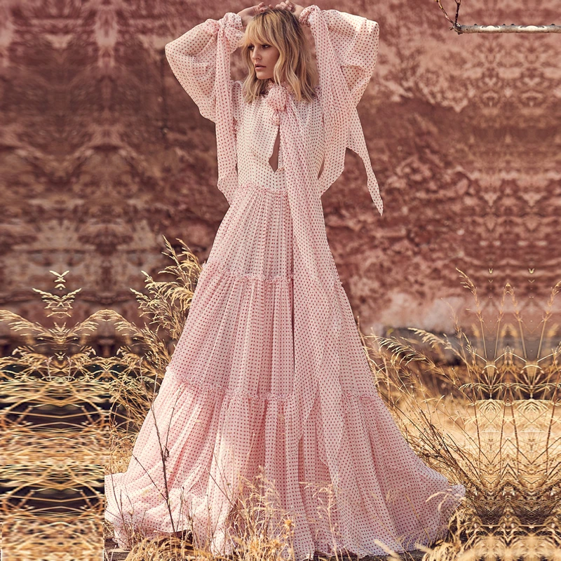 

Summer Dress Promotion Summer Vestido De Festa Vadim Women's Dress 2020 New French Wooden Ears Polka Dot Hollow Bow Tie Long