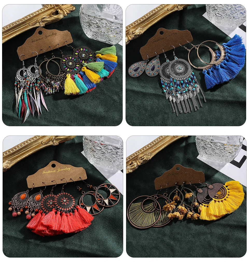 Ethnic Sundry Color Feather Tassel Earrings Sets Bundles for Women 2020 Boho Vintage Metal Water Drop Earring Jewelry Gifts Accessories Wholesale Dropshipping (241)