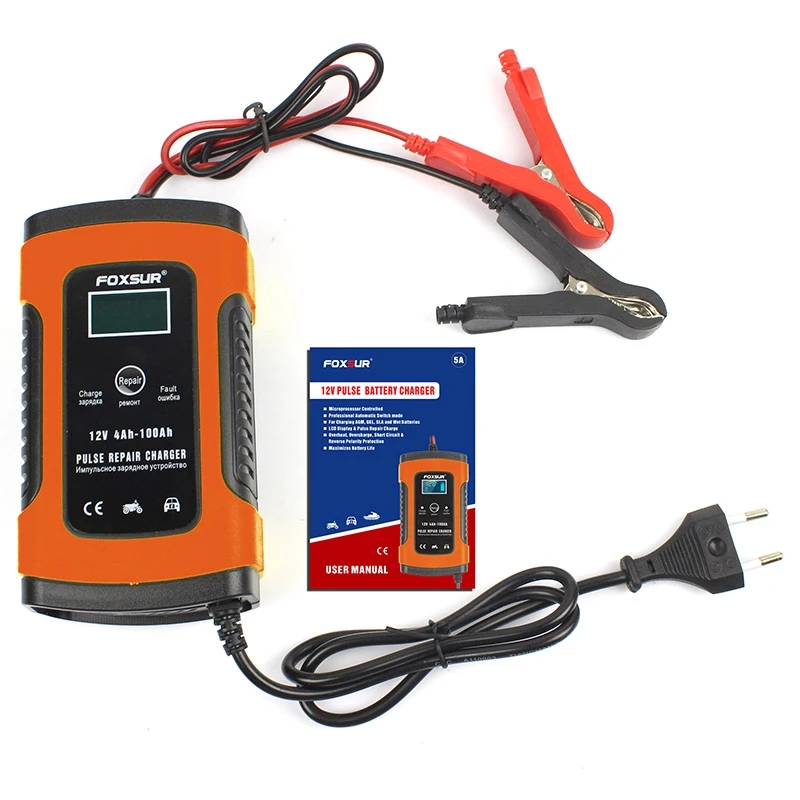Foxsur 12V Универсальное зарядное устройство для ремонта 12Ah 36Ah 45Ah 60Ah 100Ah импульсное зарядное устройство для ремонта батареи с ЖК-дисплеем-штепсельная вилка европейского стандарта