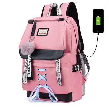 

School Bags for Girls Canvas USB Charging Ribbon Cover Zipper Backpack for Girls Large Capacity Middle School College Schoolbag