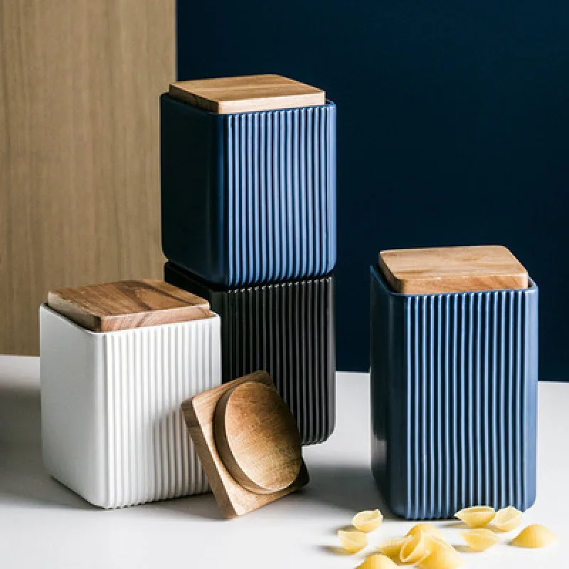 

Creative Nordic Kitchen ceramic straight grain square household sealed can miscellaneous grain tea dry food snack storage can