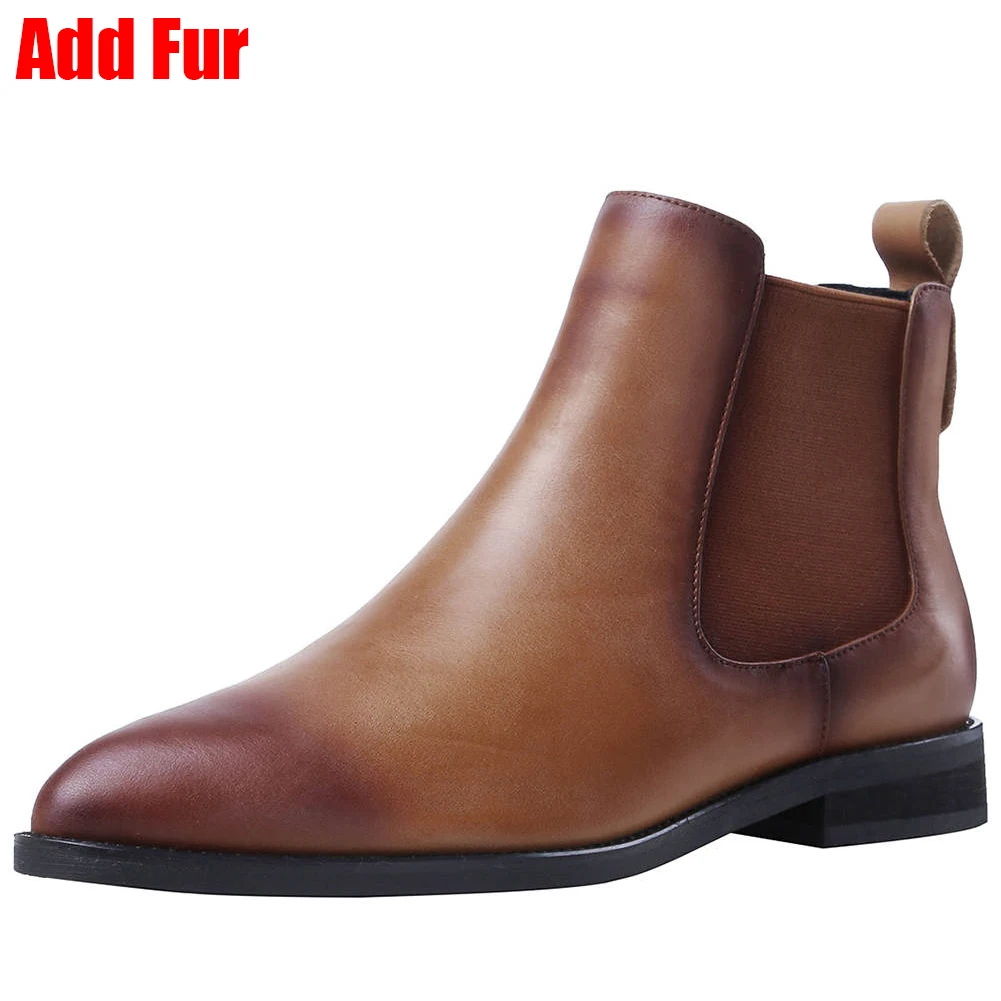 BONJOMARISA 33-44 Fashion mixed-color Booties Ladies Genuine Leather Ankle Chelsea Boots Women Elegant Low Heel Shoes Woman - Цвет: camel add fur