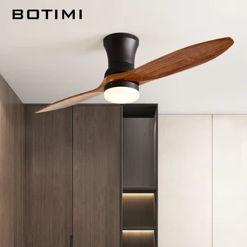 

BOTIMI Nordic 220V LED Ceiling Fan With Remote Control For Low Ceiling 2 Wooden Blades Ceiling fan Lamp Decor Vantilator