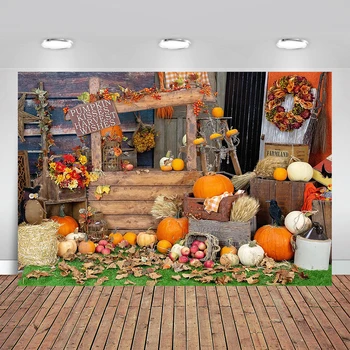 

Autumn Photophone Pumpkin Wooden Floor Haystack Flag Halloween Background Sunflowers Christmas Photography Backdrop