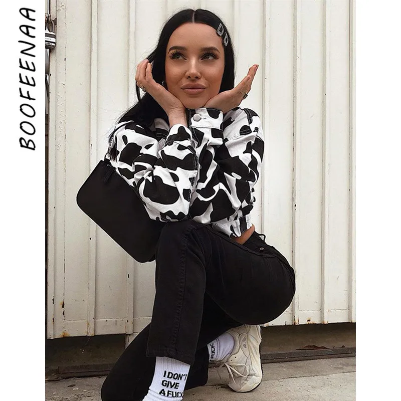 BOOFEENAA коровья кожа печати Короткие куртки и женские Осень 2019 мода уличная