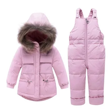 

1-6Y girl Clothes Faux Fur Hodded Drawstring waist Padded Jacket+zipper Overalls Sets Solid Pockets Kids Winter Jacket Children