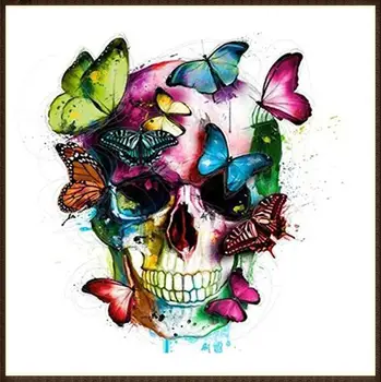 

5d diy diamond painting skull with colorful butterry cross stitch for halloween party