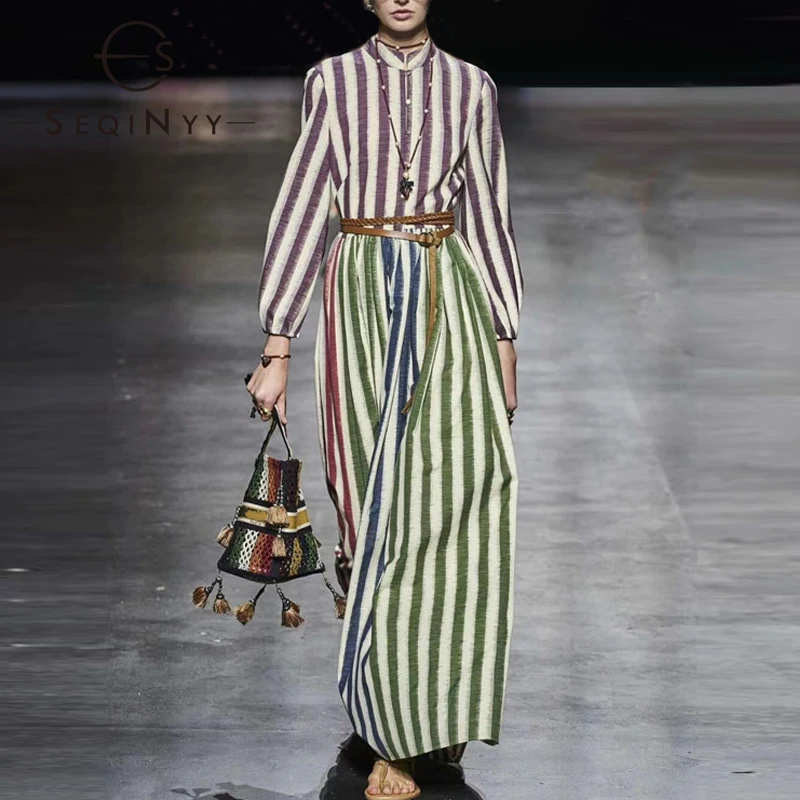 

SEQINYY Elegant Long Dress 2021 Spring Autumn New Fashion Design Women Long Sleeve Vertical Stripes Colorful Bohemian Belt