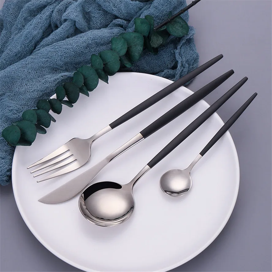 Black Silver Fork Spoon Knife Stainless Steel Cutlery Set Silverware Tableware Chopsticks Dinnerware IceTea Spoon Flatware Set cutlery set stainless steel cutlery set