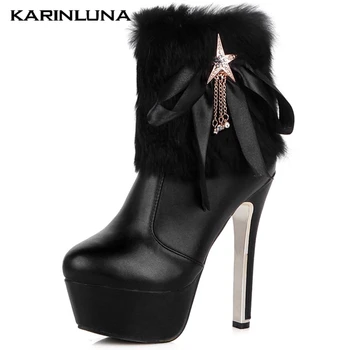 

Karinluna Big Size 39 On Sale Ladies Thin High Heels Round Toe Platform Metal Decroation Short Plush Autumn Ankle Boots