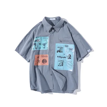 

#0917 Summer Men Printed Shirt Hort Sleeve Japanese Streetwear Grey/Black/White/Blue Hip Hop Shirts For Men Loose Casual Shirts