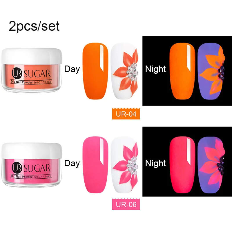 UR SUGAR флуоресцентный набор пудры для ногтей 3 в 1 для ногтей Dip блестящий порошок 3D резьба строитель дизайн ногтей набор украшений инструменты - Цвет: 2pcs set4