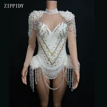 Блестящие белые роскошные кристаллы жемчуг цепи боди сексуальный транспартер трико костюм вечерние костюм с кисточками ночной клуб наряд