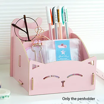 

Solid Wood 3 Compartments Space Saving Pen Holder Cat Pattern Student Stationery Home Storage Box Combination Assembling Desktop