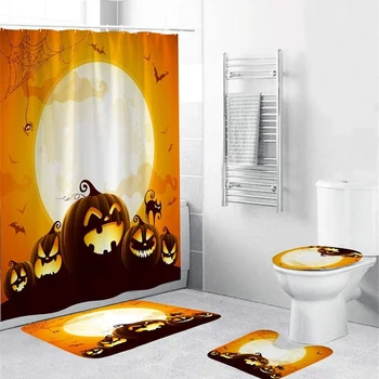 

4pcs 3D Printed Bathroom Set Halloween Pumpkin Waterproof Shower Curtain Toilet Non-slip Shower Floor Mat