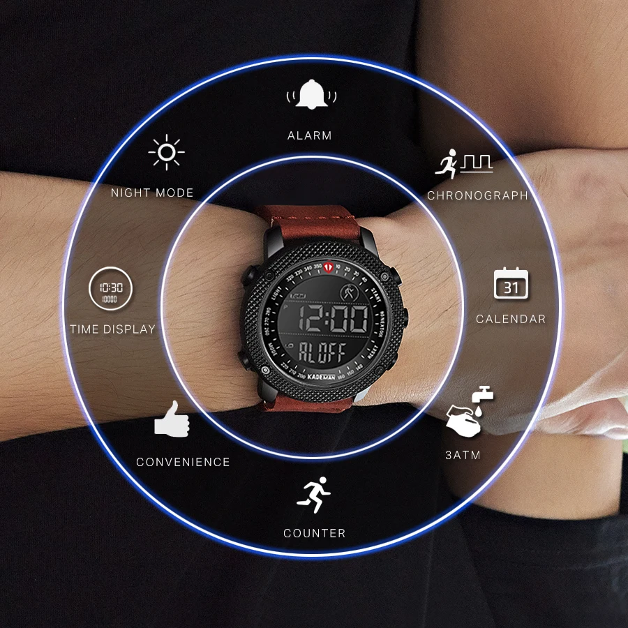 Billige KADEMAN TOP Marke Männer Uhr Kreative Schritt Zähler Digitale Sport Armbanduhren Wasserdicht Militärischen Armee Mode Männlichen Leder Uhr