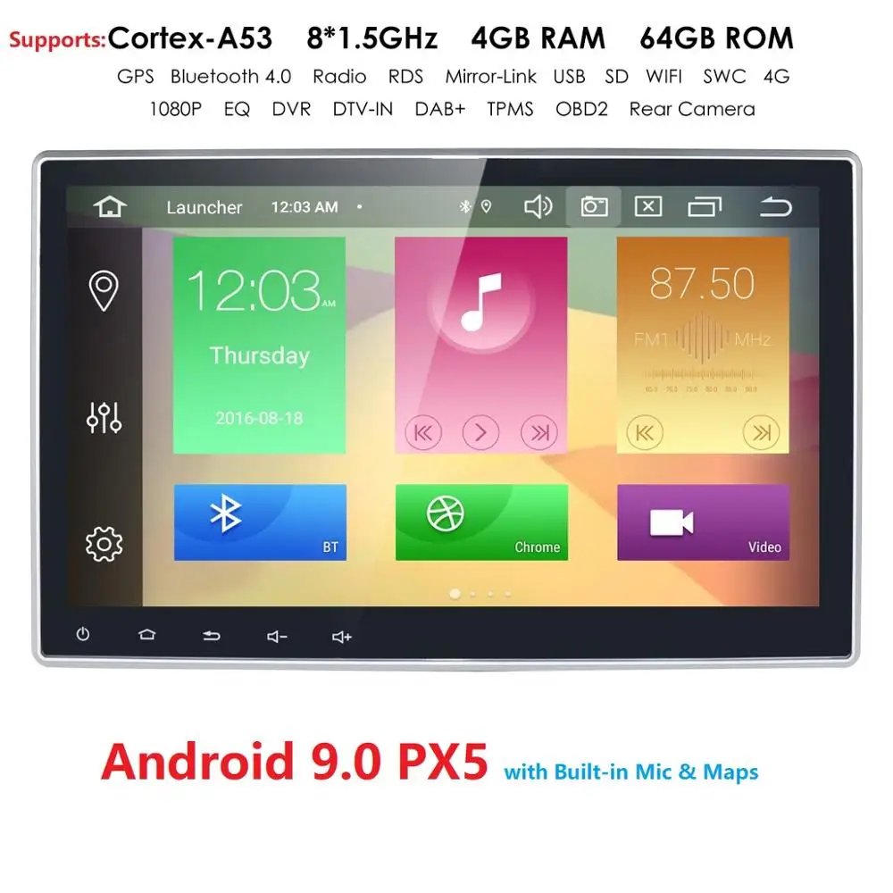 4+ 64G 10," Автомобильный мультимедийный плеер 1Din стерео для Android 9,0 с регулируемым экраном вверх вниз Wifi bluetooth gps Nav радио плеер