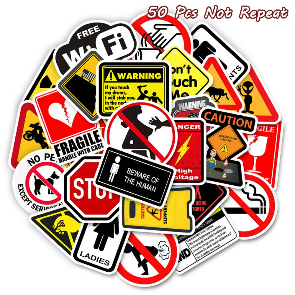 

50 PCS Sign Stickers Warning Reminder Banning Symbol Waterproof Decal Sticker For Laptop Suitcase Entrance Bicycle Fridge Car