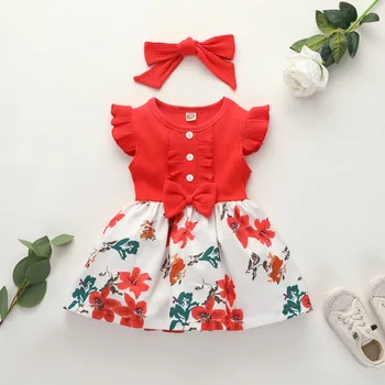 

Girls Dress Summer Casual Cotton Floral Dress Kids Baby Girl Sleeveless Patchwork Princess Party Dresses Free Headband 2pcs