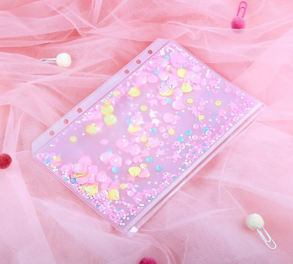 Кавайный Розовый ПВХ файл на молнии папка с карманами сумка 6 колец записная