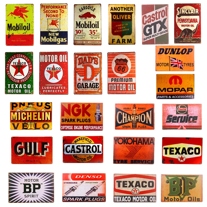 

Vintage Garage Home Decor Mobil Texaco Champion Gas Oil NGK BP Stickers Decor Iron Retro Tin Metal Signs Plaques