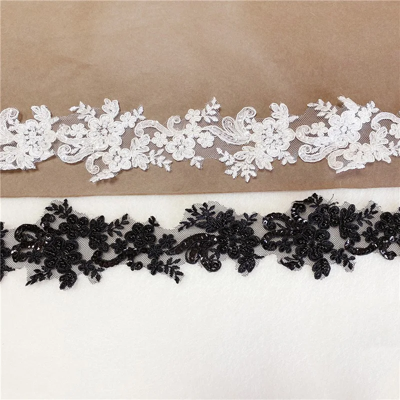 

2Yards White Black Embroidered Lace Trim Sequins Garment Applique Fabric Trimmings DIY Sewing Accessories 6cm