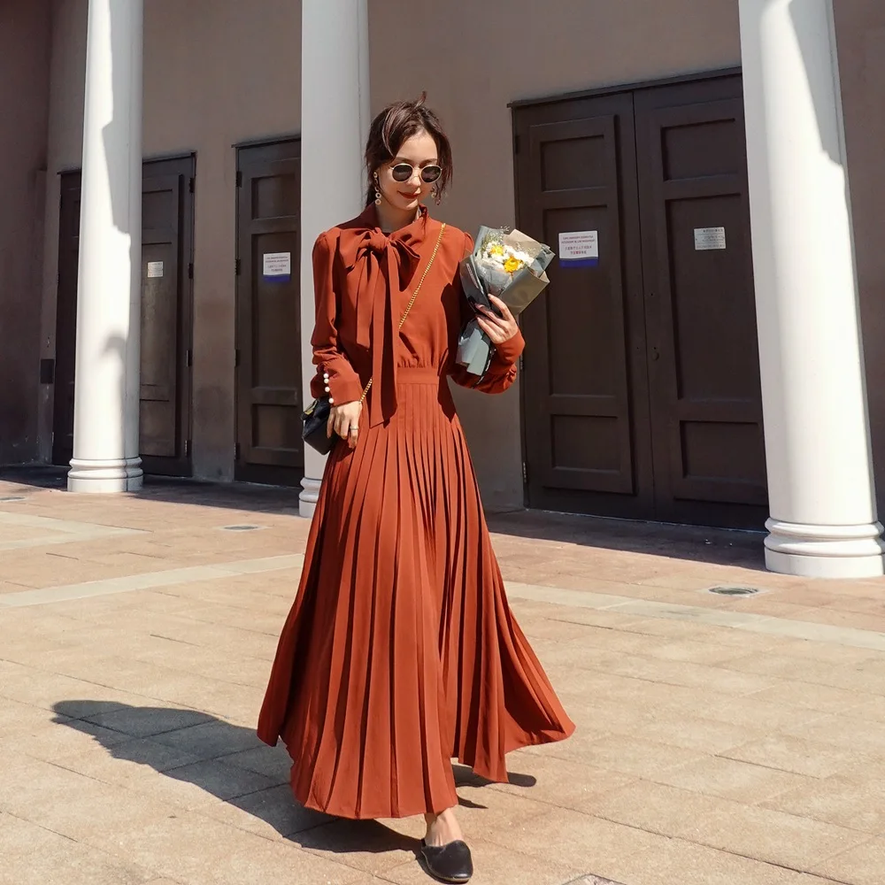 

Photo Shoot France Non-mainstream Long Pleated Skirt 2020 Spring New Style WOMEN'S Dress Retro Debutante-Style Bow Dress
