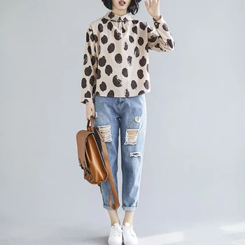 

COIGARSAM Cotton Linen Full Sleeve Loose Polka Dot blusas womens tops and blouses Apricot End Grey Point 9696