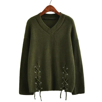 

2020 women's Sweater Europe And The United States large-size Ladies Long Sleeves Solid Color V-neck Tie Pullovers 16817