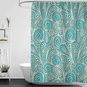 

hengshu Teal and White Hotel Quality Polyester Shower Curtain White Lace Style Pattern Feminine Fashion Romantic Composition