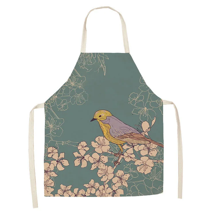 1Pcs Kitchen Cooking Apron Beautiful Flowers Bird Printed Home Sleeveless Cotton Linen Aprons for Men Women Baking Accessories