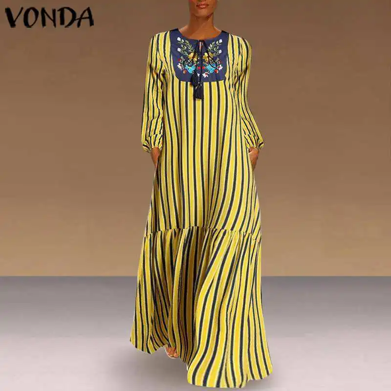 VONDA, осень, винтажное платье в полоску с длинным рукавом, повседневное гофрированное вечернее платье для беременных, богемное платье