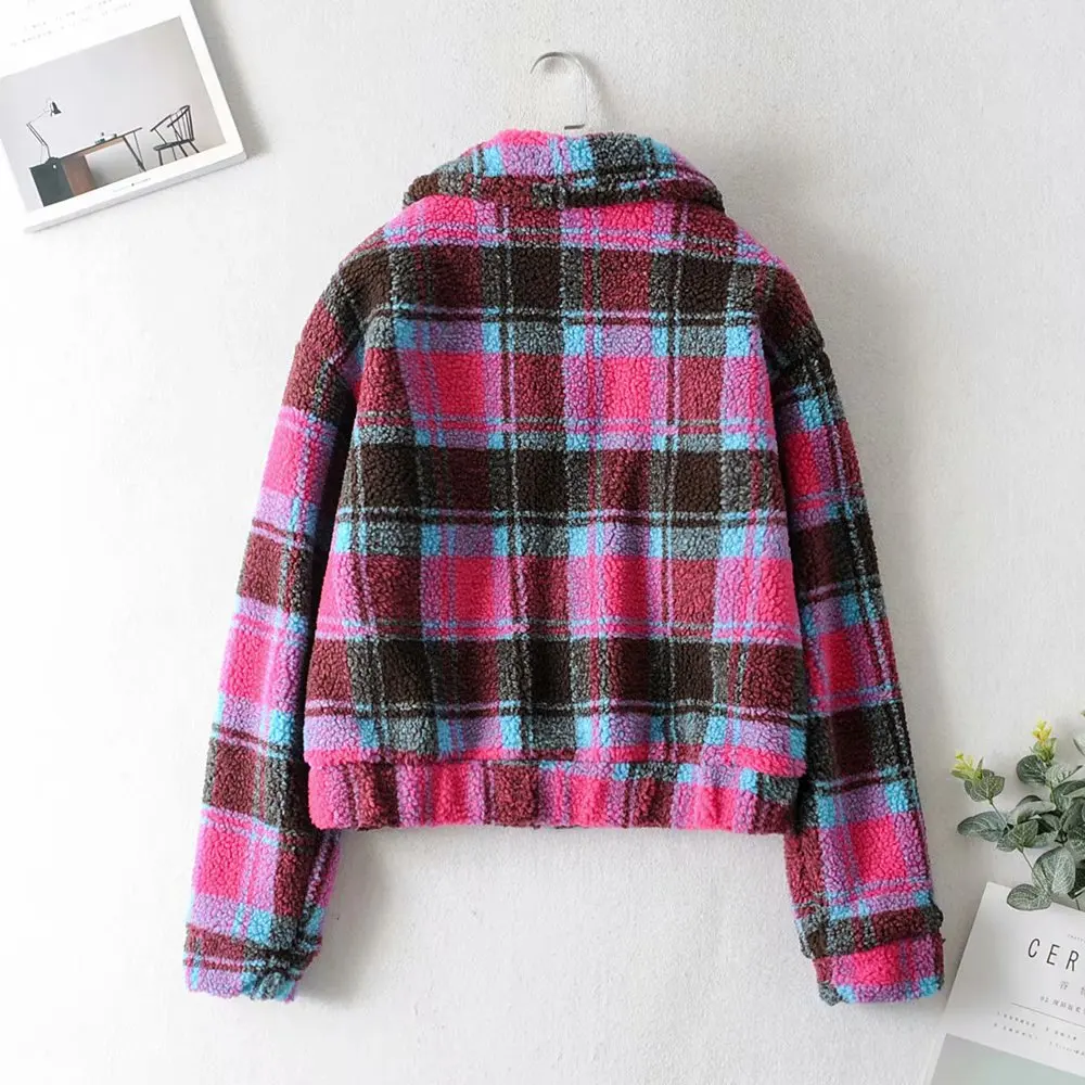

84jj-9908 Europe And America WOMEN'S Dress 2019 Autumn New Style Students Zipper Check Print Lambs Wool Coat