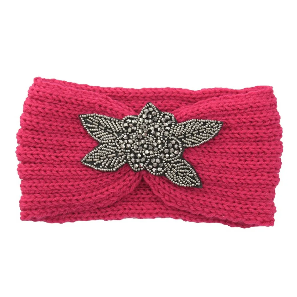 

Fashion Women Diamond Four-leaf Ear Protection Headband Thermal Hand Knitting Wool Head Hairband Casual Girls Hair Ring #LR1