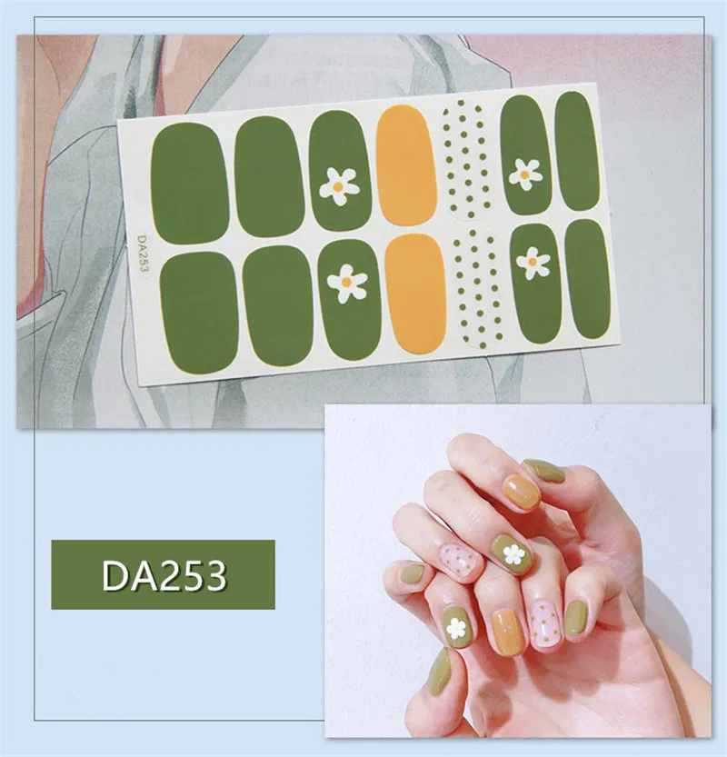 1 лист полное покрытие обертывания ногтей наклейки-лак полоски простые украшения для ногтей цветок смешанный дизайн блестящая пудра маникюрные советы - Цвет: DA253